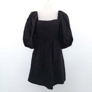 Tuckernuck Womens Linen Dress‎ Size S Black Puff Sleeve Smocked Cottage Prairie